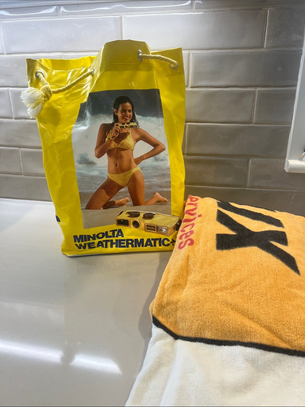 Vintage 80's Yellow Beach Tote Bag Minolta and Kodalux Beach Towel